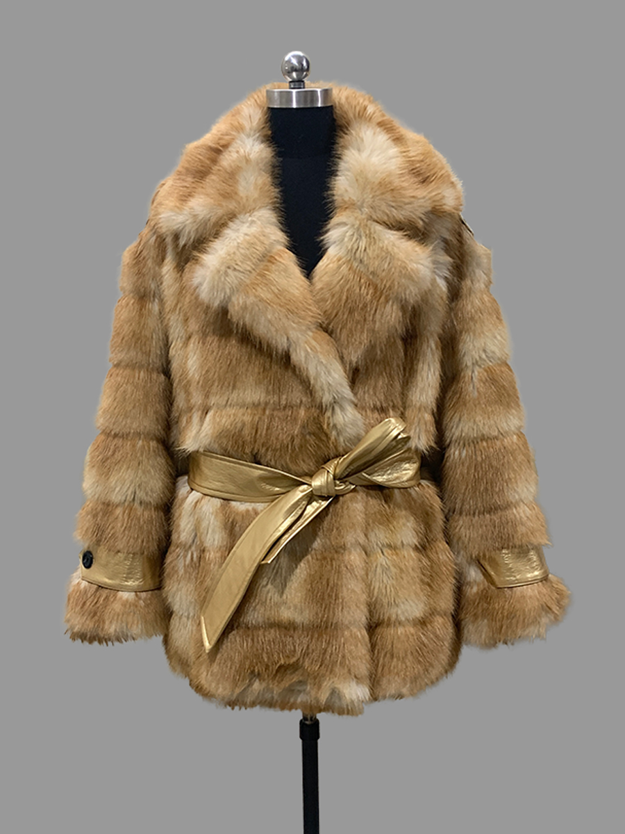 Street Fashion Runway - Manteau en fausse fourrure dorée rayée,