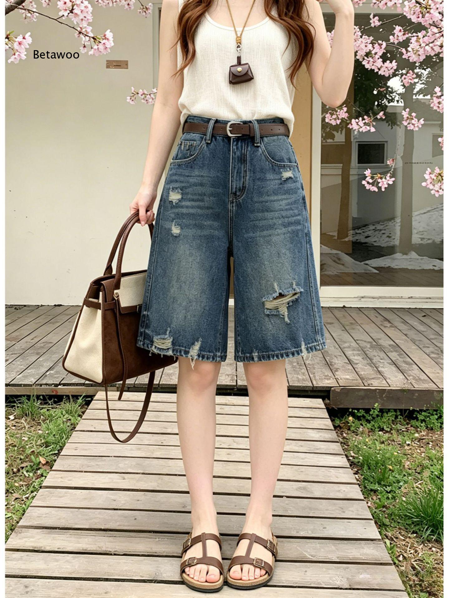 Shorts en jean déchirés bleu v - Distressed Jean Rip avis et prix